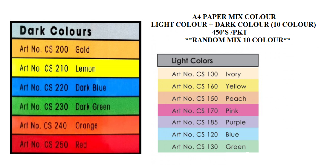 A4 80GM MIX COLOUR PAPER LIGHT COLOUR + DARK COLOUR (10 COLOUR) CS-495
